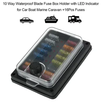 

10 Way Waterproof Blade Fuse Box Holder with LED Indicator for Car Boat Marine Caravan +16Pcs Fuses