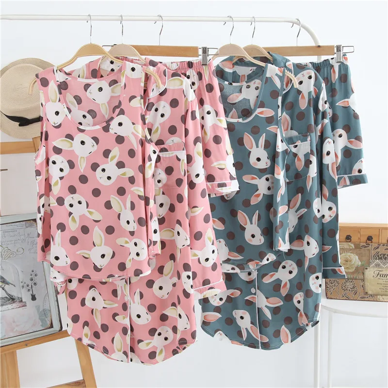 3 개 귀여운 토끼 인쇄 파자마 세트 여성 잠옷 여름 수면 셔츠 조끼 짧은 바지 여자 Pijama 세트 PJS 잠옷