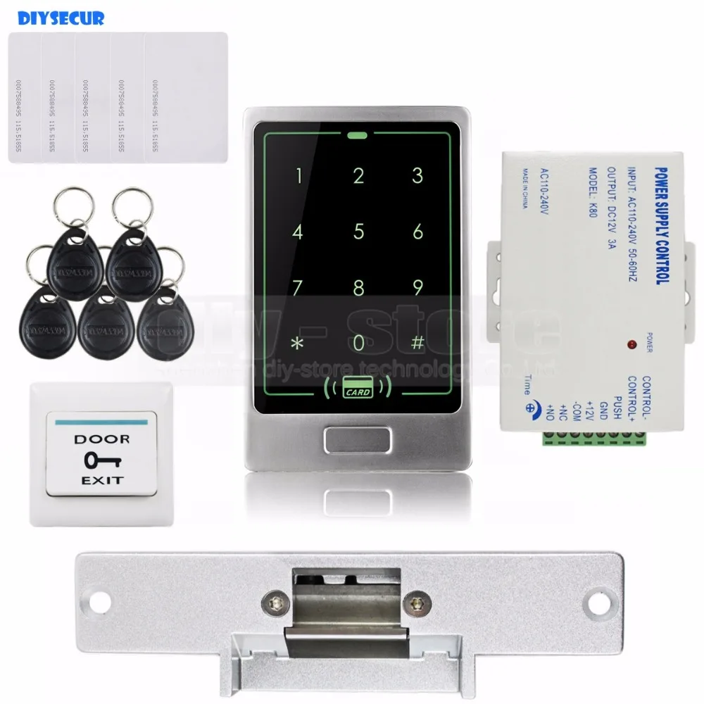 

DIYSECUR 125KHz RFID Touch Reader Password Keypad Door Access Control Security System Kit + Strike Lock C20