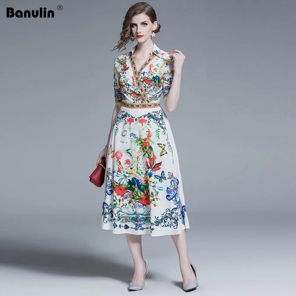 

High Quality 2019 New Summer Women's Fashion Party Boho Beach Dress Sexy Vintage Elegant Floral Print Short Sleeve Runway Dress