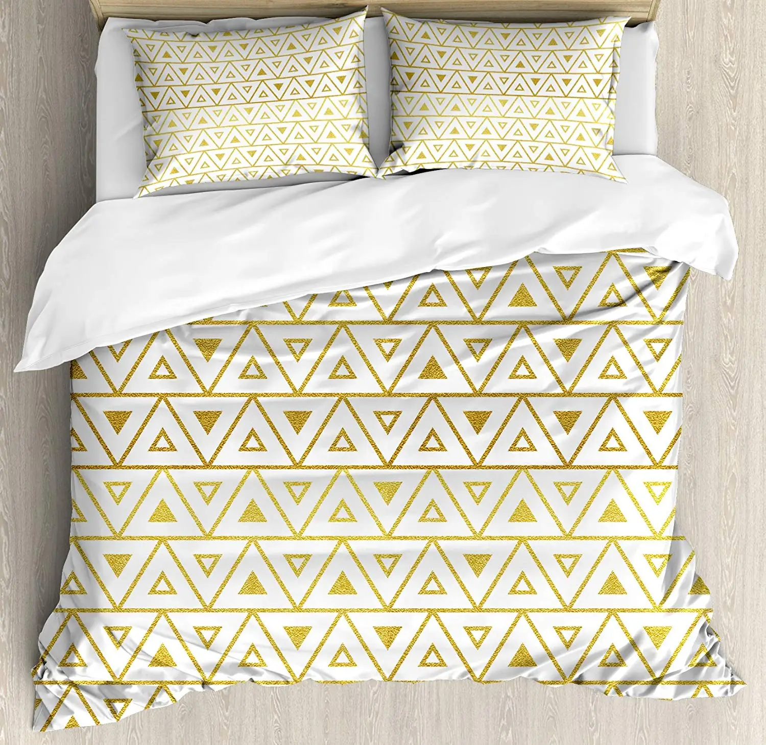 

Gold White Queen Size Duvet Cover Set by Ambesonne Triangles Geometric Design Chevron Zig Zag Style Image Print Bedding Set