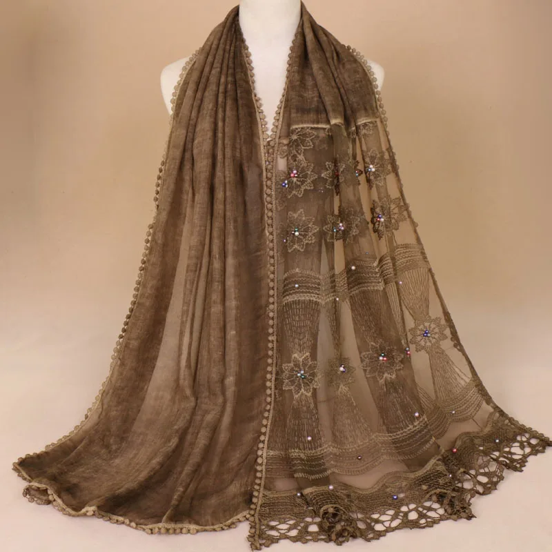 

180*75Cm Plain Lace Floral Patchwork Viscose Shawl with Pom Pom Women Solid Pearl Bead Hijabs and Wraps Pashmina Headband Muslim
