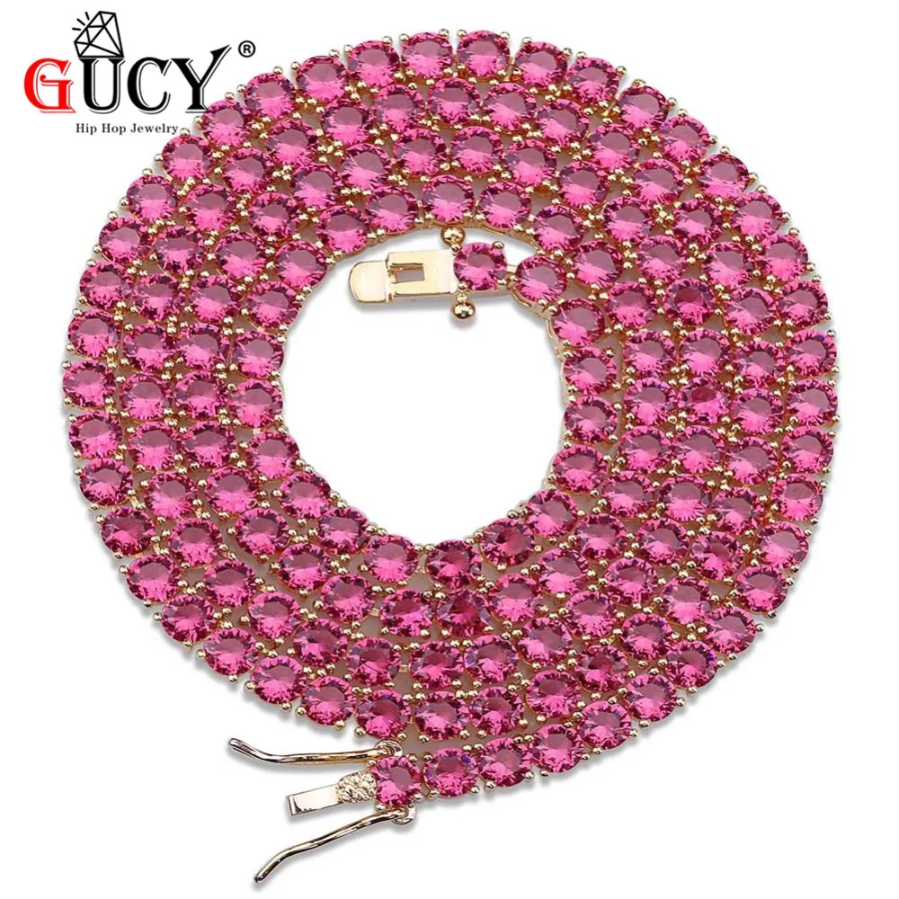 

GUCY 4mm Hip Hop Iced Out Necklace Gold Silver Color Plated Micro Pave Red Blue Cubic Zircon Stones 1 Row Tennis Chain Necklaces