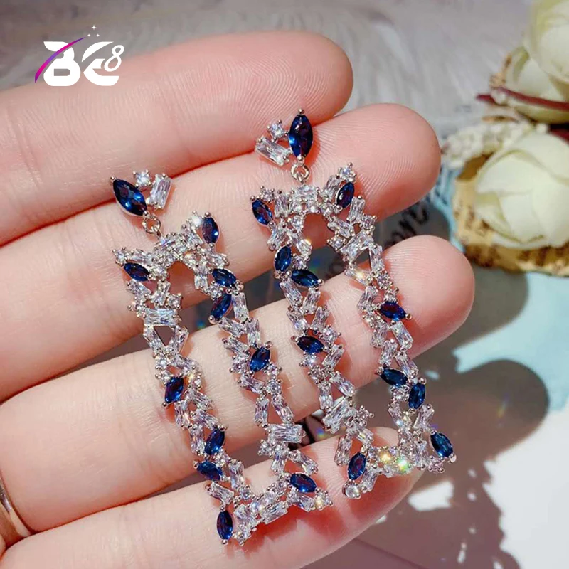

Be 8 New Bridal Silver Plated AAA Cubic Zirconia Asymmetrical Square Design Long Drop Earrings for Women Bridal Wedding GiftE837