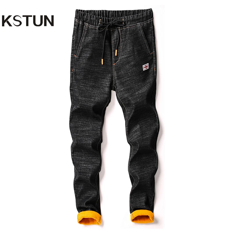 KSTUN Mens Jeans Elastic Waist Black Heat Insulated Slim
