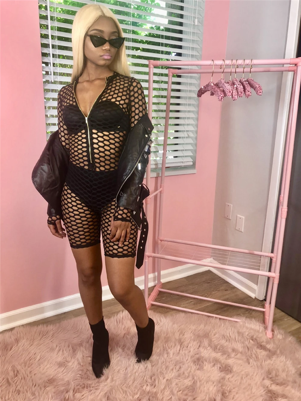 Women Rompers Net Mesh Hollow Out Jumpsuit Summer Short Overalls Jumpsuit Female Long Sleeve Zipper Playsuit