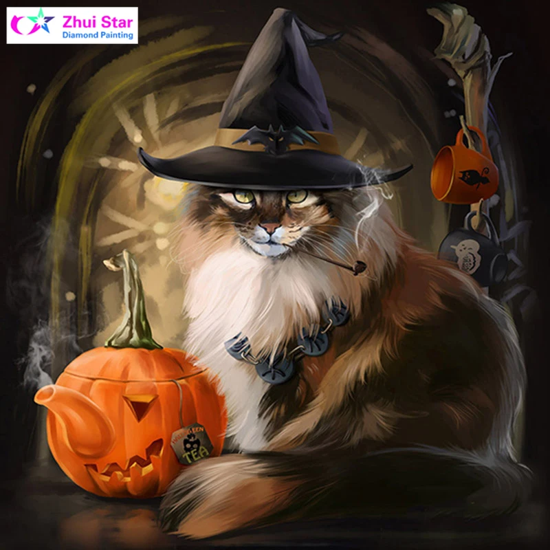 

5D diy diamond painting cross, needlework "Halloween Cat Pumpkin Kettle" Round Stone full of the picture,diamond cross stitch