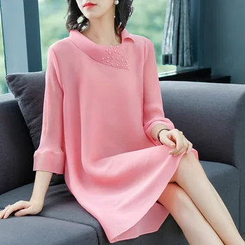 

Plus Size Dress Women Fashion Beading Turndown Collar 3/4 Flare Sleeve Solid color New Stretch Miyake Pleats A Line Dress Female