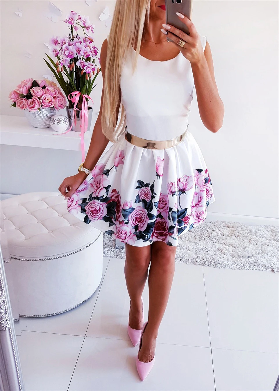 Women Summer Flower Printed A-Line Dress O-Neck/V-Neck Sleeveless Mini Dress Elegant Lady Steetwear Party Dress (Without Belt)