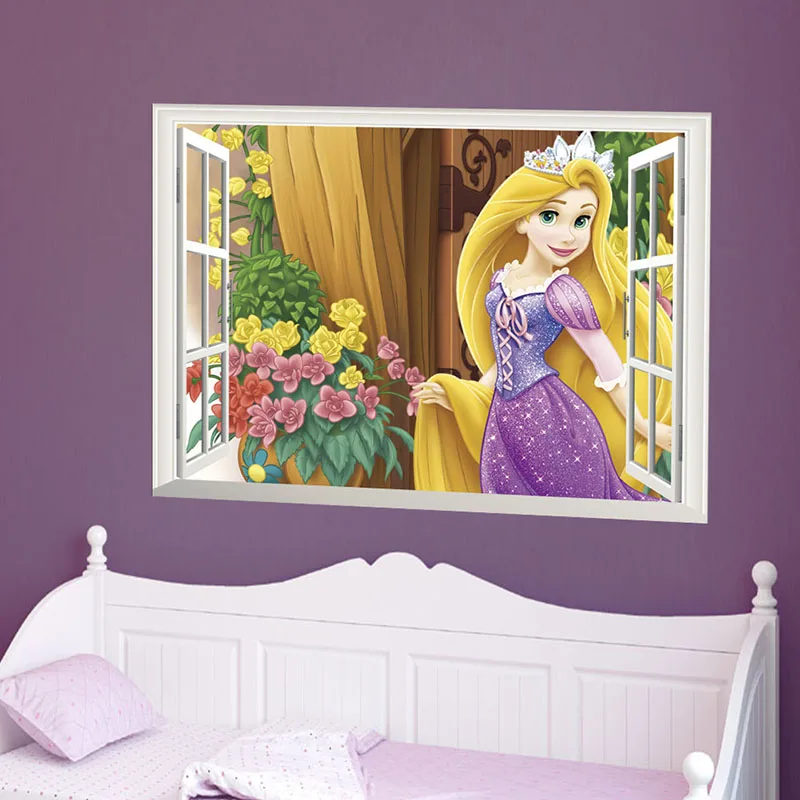 3D View Window Disney Cartoon Princess Wall Stickers For Home Decor Kids Girls Rooms Mural Art PVC Wall Decals/adesivo de parede