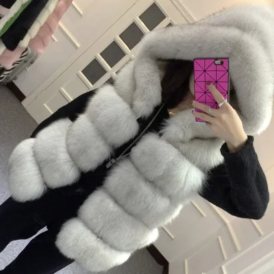 Зимние пальто чернобурки меха искусственного пальто с капюшоном жилет полосой средней длины жилет большого размера женщины - Цвет: White ash tip