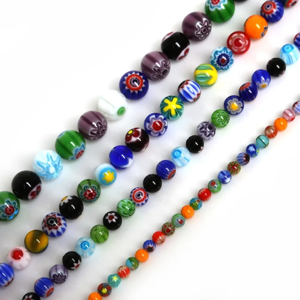 4/6/8/10mm Mixed Color 39cm/str Stripe Millefiori Round Lampwork Glass Beads For Jewelry Making Bracelet Necklace DIY