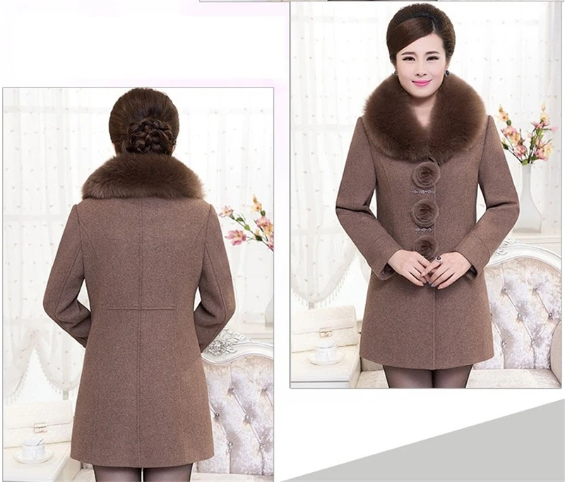 Женская куртка, осенне-зимняя шерстяная куртка, одежда для мамы среднего возраста, модное шерстяное пальто с меховым воротником, большие размеры 5XL, Женское пальто