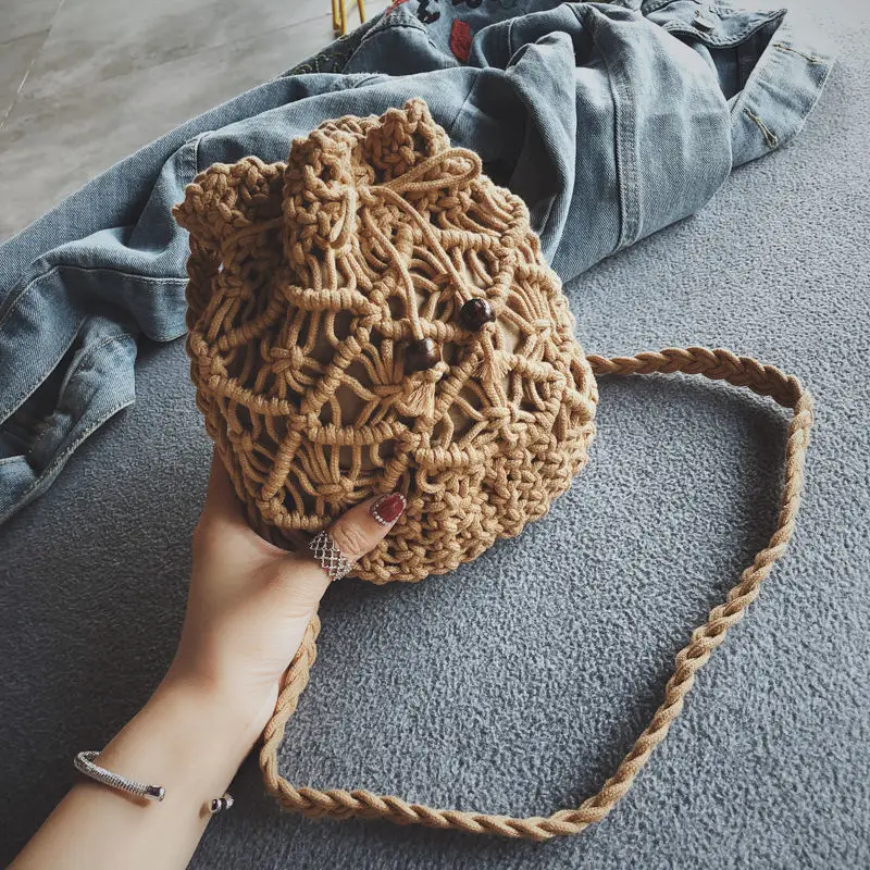 Hollow design rope deterioration package shoulder diagonal tassel luxury handbag female bag,brown