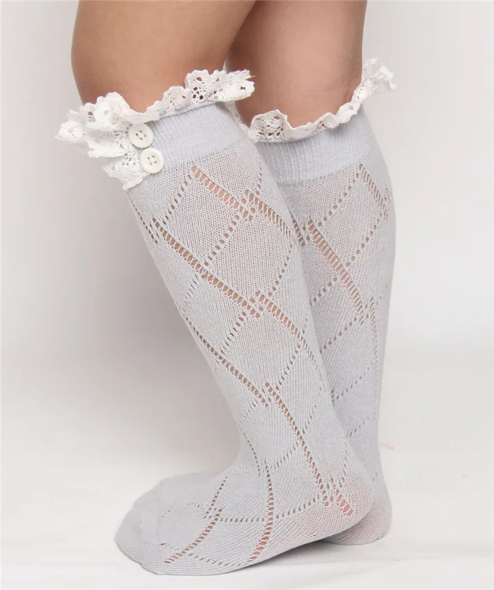light grey Модные гетры для маленьких девочек, детские вязаные носки с пуговицами, с кружевной отделкой и манжетами - Цвет: light grey