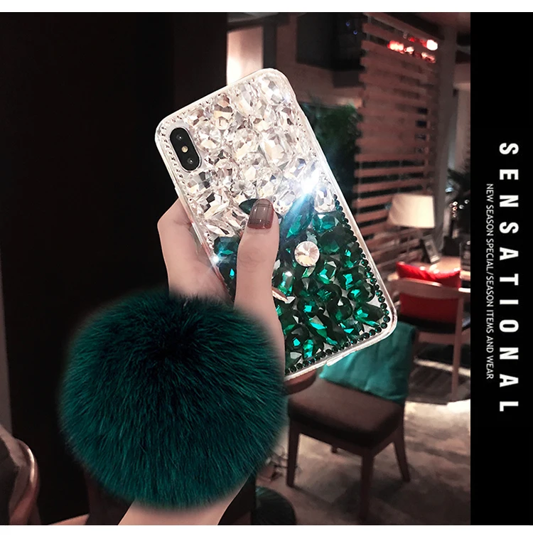Дизайнерский роскошный блестящий Кристальный бриллиант Стразы с меховым шаром кисточкой чехол для iPhone11 pro max XS MAX XR 8 7 6Plus 5S чехол