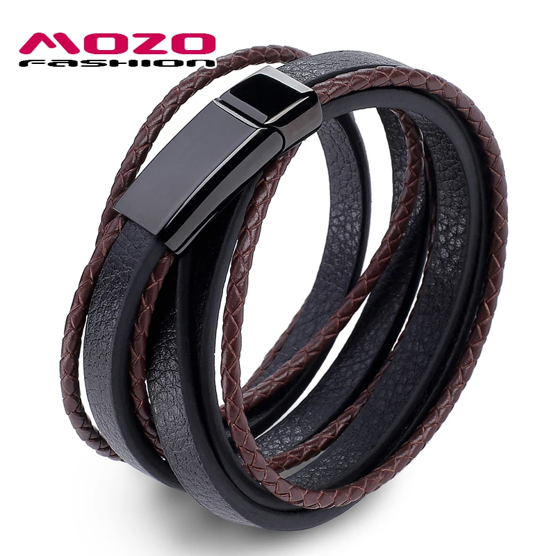 MOZO FASHION Jewelry Men Bracelet Leather Large Black Buckle Bracelets Bangles Weave Bracelets For Man Brown
