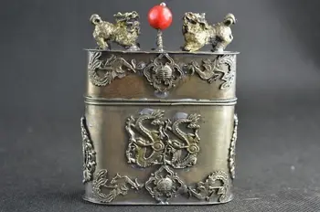 

Old Collectibles Handwork Miao Silver Carving Kylin Dragon & Phoenix Tobacco Box