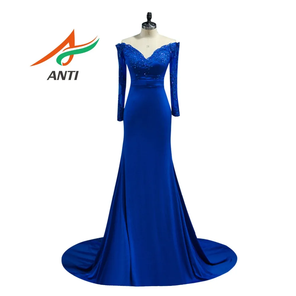 

ANTI Elegant Blue Mermaid Evening Dress Vestido De Festa Appliques Long sleeve V-Neck Robe De Soiree Formal Party Evening Gowns