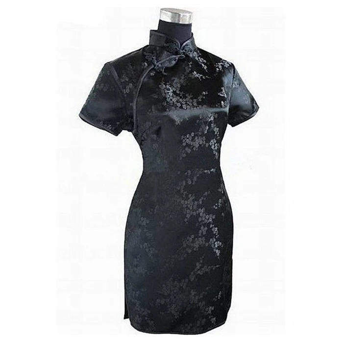 Черное традиционное китайское платье Mujer Vestido Женские атласные Qipao Мини Cheongsam цветочный размер S M L XL XXL XXXL 4XL 5XL 6XL J4039 - Цвет: Black - Short