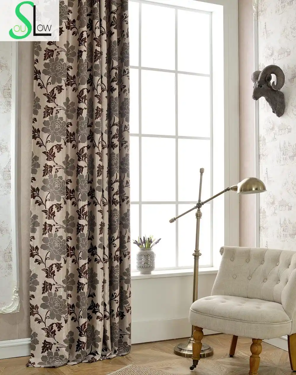 Heavy Color Peony Shade Jacquard Floral Quality Curtains