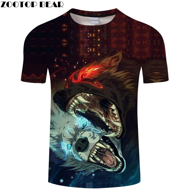 Brown tshirts Fire Wolf t shirt Men Top Male 3D Tee Anime Short Sleeve ...