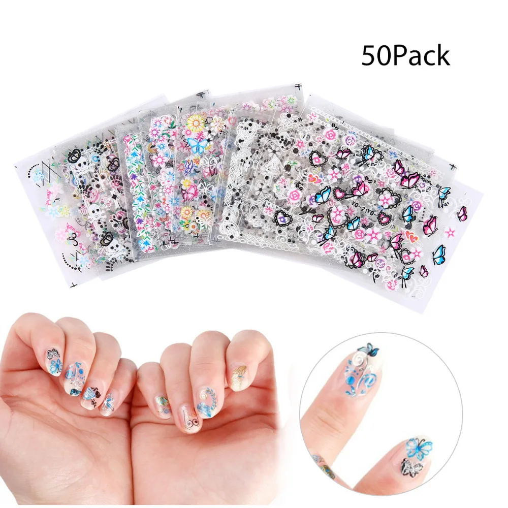 

50Pcs Nail Stickers Nail Art Transfer Stickers 3D Design Manicure Tips Decal Decorations Aet Tool Random Color
