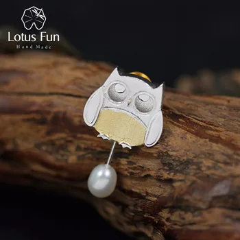 

Lotus Fun Real 925 Sterling Silver Handmade Fine Jewelry Creative Forest Hunting Subject Agile Owl Brooches for Women