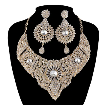 

African bridal wedding jewelry sets golden metal rhinestone crystal statement necklace earrings set women party prom jewelry