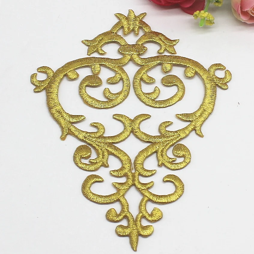 

YACKALASI 5 Pcs/Lot Iron On Flower Patches Gold Embroidered Fabric Applique 3D Floral Trims 13.5*10cm