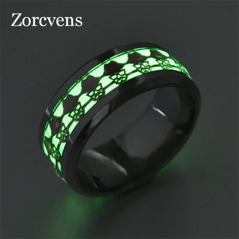 Modyle Green Glow in the Dark Stainless Steel Skeleton Wedding Band Luminous Ring for Woman Man