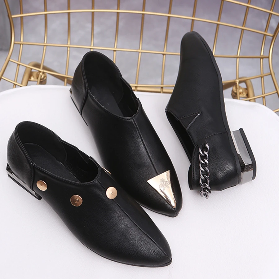 Mode En Metal L'europe Printemps Femme Lcizrong metal Cuir 3 Métal Hauts Catwalk Rivets Mujer metal Talons Rome Pompes forme Style Nouveau Plate Toe Chaussures Chain Femmes qFx5RxOX