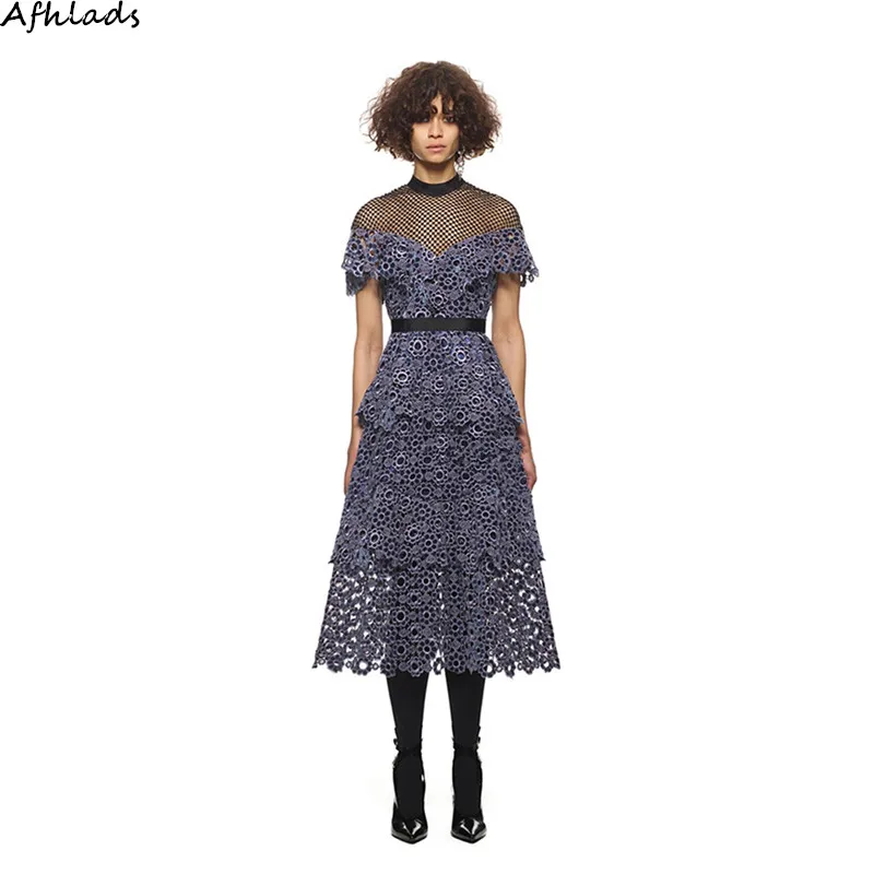 

Self-Portrait autumn new women's velvet embroidered patchwork lace round neck high waist was thin split long vestidos dress