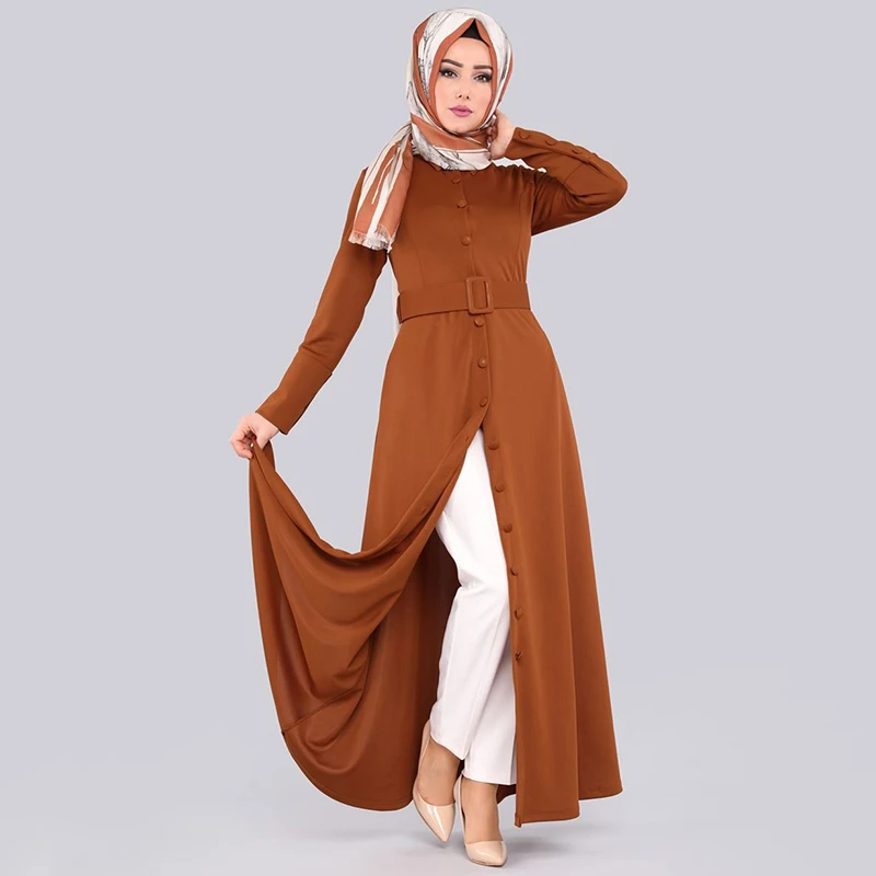 WEPBEL Arab Dubai Muslim Maxi Dress Casual Fashion Pure Color Long Sleeve Attached Belt Slim Fit Big Swing Lapel Islamic Apparel