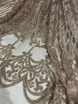 

SH-494 African French net tulle Lace Fabric for party Hot selling glued glitter sequins lace fabric