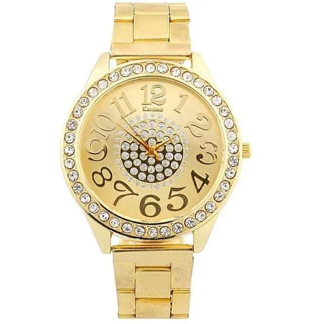 Женские часы, новинка, роскошные брендовые модные повседневные кварцевые часы с большим циферблатом, стразы из нержавеющей стали, женские наручные часы - Цвет: Золотой