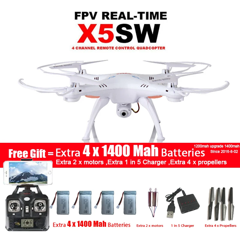 SYMA X5SW/X5SW-1 Дрон с Wi-Fi для квадрокоптера с видом от первого лица Камера Безголовый 6-Axis в реальном времени видео р/у вертолет Квадрокоптер с 5 Батарея