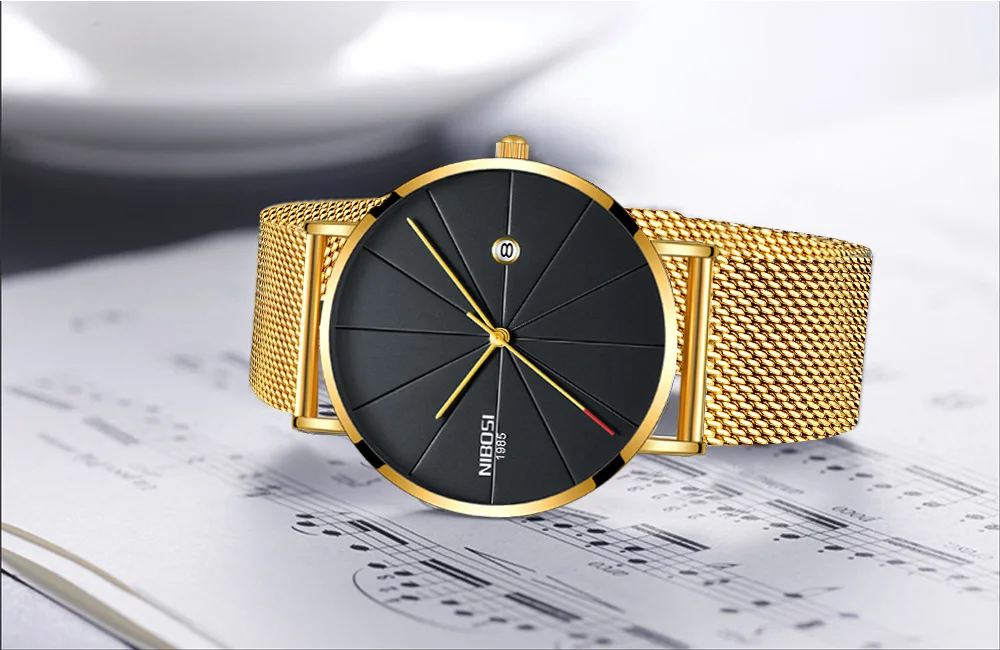 NIBOSI watch men black quartz wristwatches stainless steel mesh brand  watches men ultra thin quartz relogio masculino dourado (10)