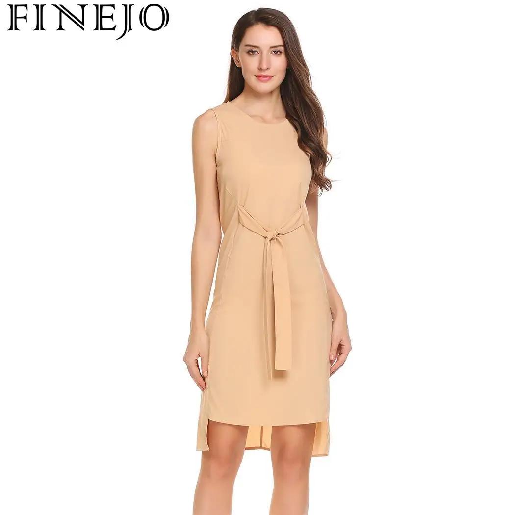 

FINEJO Stretch-crepe Casual Sleeveless Tie-front Women Solid O Neck Party Shift Dress