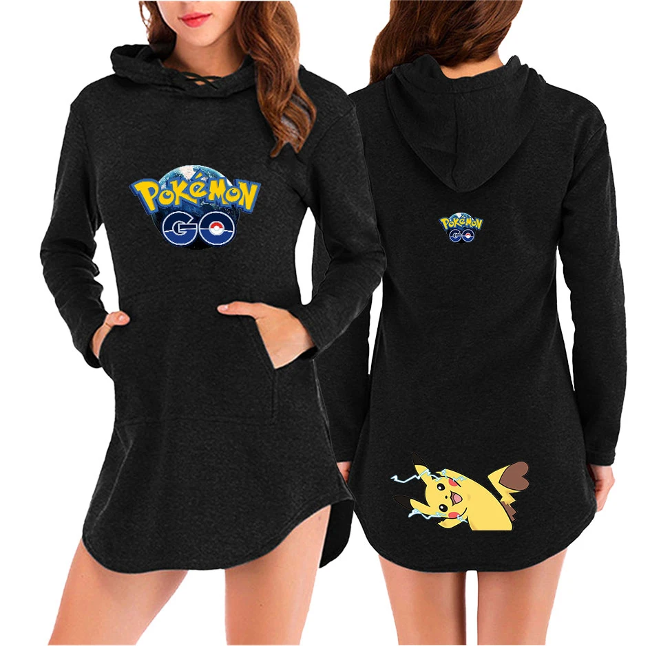 

Pokemon Pikachu Women Kangaroo Style Pocket Autumn Hoodies Sweatshirts Pikachu Long Dress Hoodies Black White Gray Color
