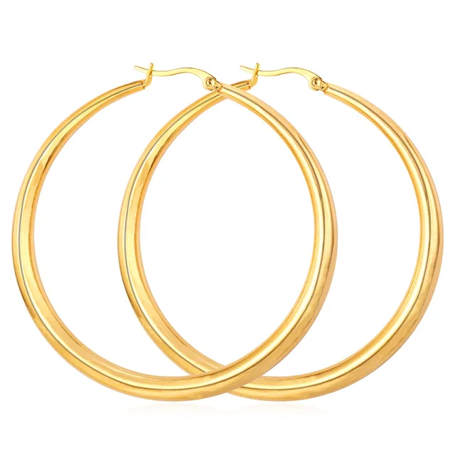 U7 Gold Color Hiphop Big Hoop Earrings Stainless Steel Women Jewelry Minimalist Circle Round Huggie Earring Mother's Gift E365 Gold-color