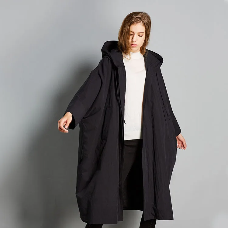 

2018 female new autumn original design plus size literary cotton and linen fashion solid color hooded long loose trench