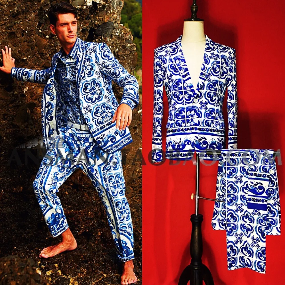 

Nightclub men's singer DJ tide male suit high - end stretch satin Chinese wind casual suit set singer costumes
