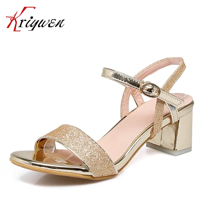 

2017 Summer gold silver pink bling women sandals bohemia open toe thick med heels female shoes party fashion sandals size 31-43