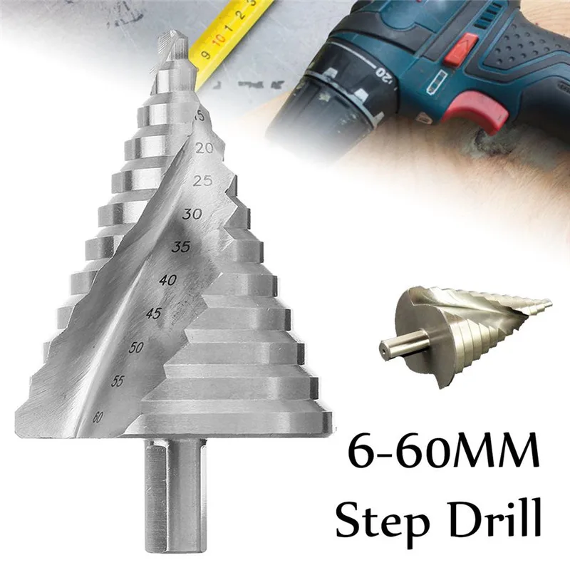 12 Step Cone Drill Bits Hole Saw Cutter Bit Set 6-60mm Spiral Groove HSS Cone Titanium Shank Drill Bit Set For Woodworking