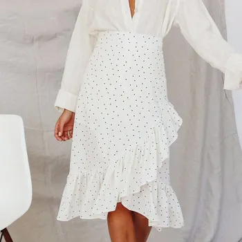 

White Ruffle Polka Dot Skirt Women Casual High Waist Asymmetrical Midi Skirt Elegant Office Ladies Long Skirt