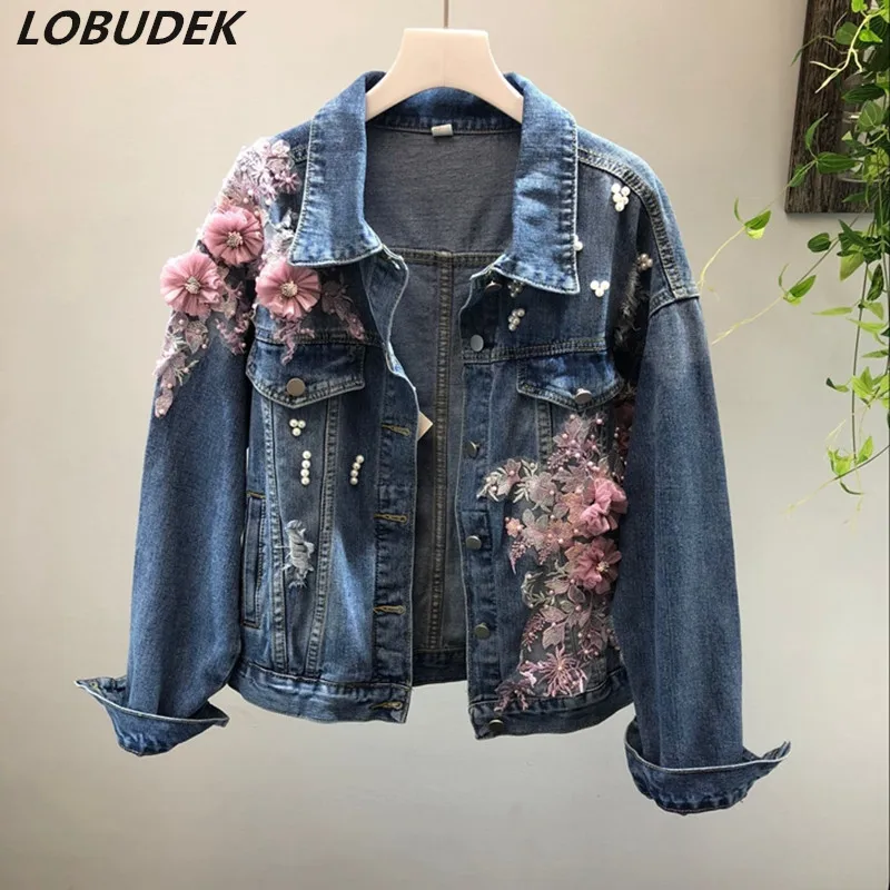 Women White Pink Flowers Embroidery Jean Jacket Beading Fashion Hole ...