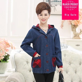 

Spring Mother Red Plaid Denim Jacket Coat Hooded Loose Large Size Ladies Design Middle Aged Women Jeans Jackets outwear G60