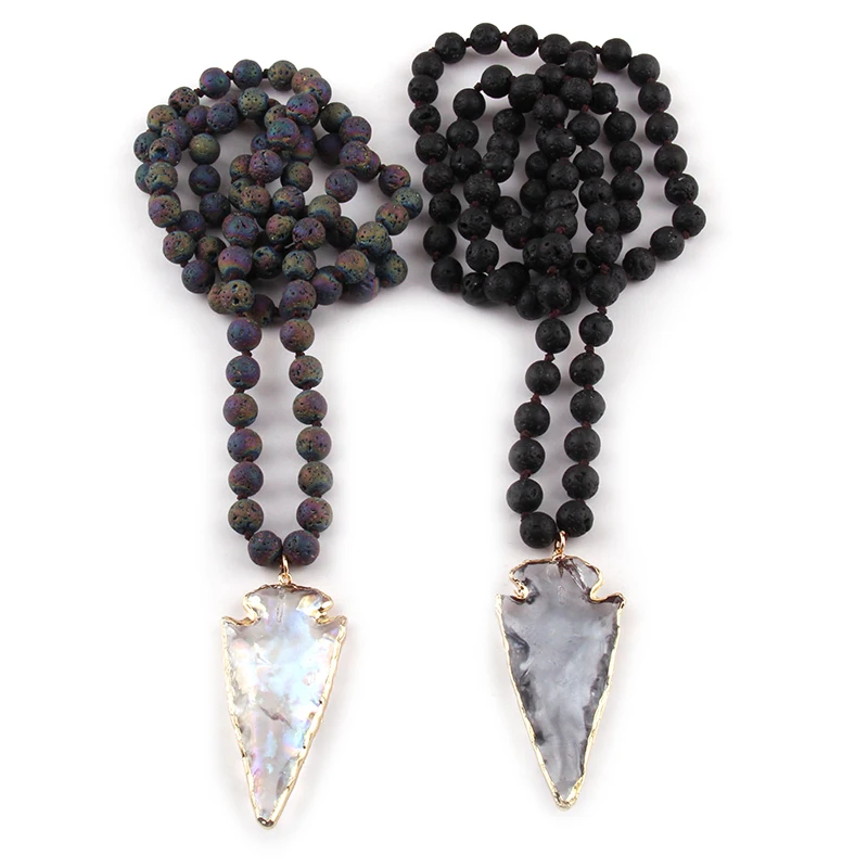 

MOODPC Multi / Black Lave Stone Long Knotted Glass Arrowhead Pendant Necklaces