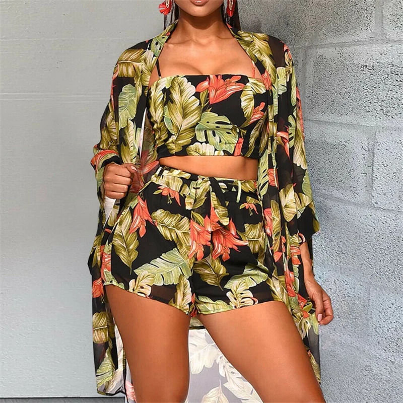 Summer New Women Boho 3Pcs Floral Print Cardigan Blouse+Crop Top+Shorts Lady Holiday Beach Three Pieces Set Casual Shorts Sets